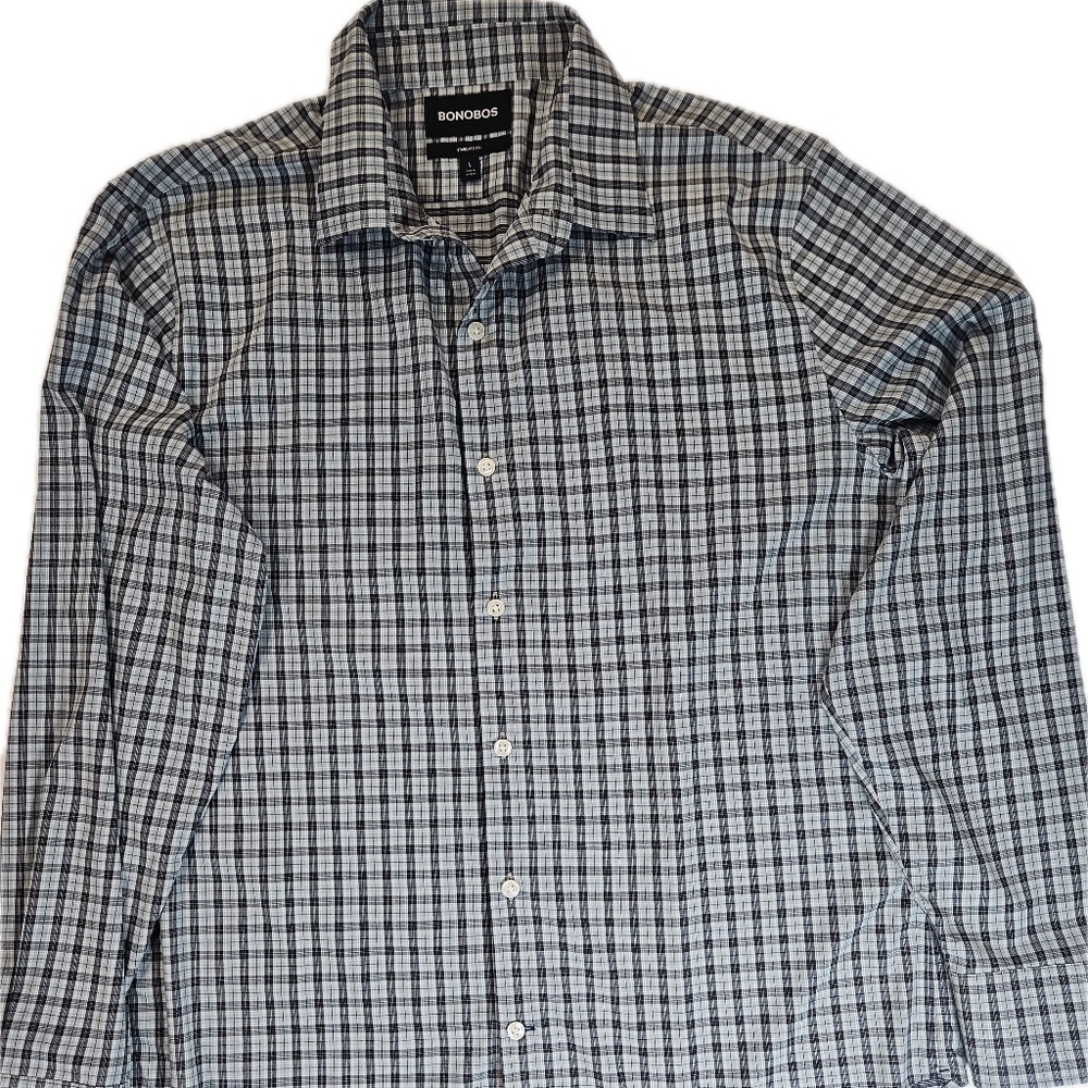 Bonobos Shirt Mens Large Blue Gray Plaid‎ Standard Fit Button Down Stretch